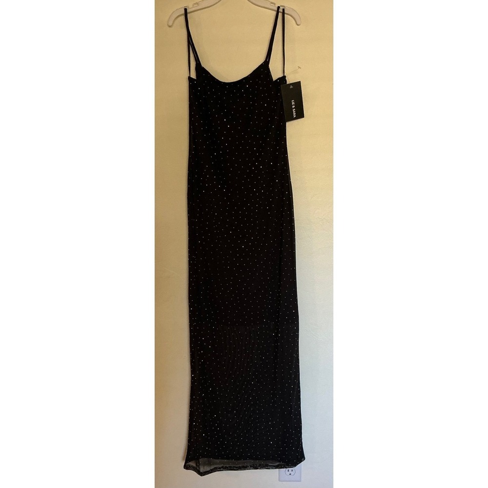NWT LIZ & SARA Large Black Maxi Slip Dress Rhinestone Embellished Spag. Strap - Picture 5 of 8